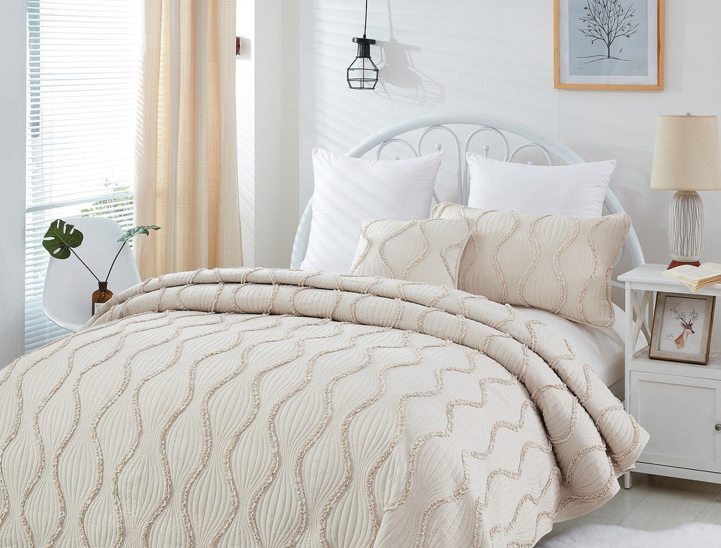 DaDa Bedding Soft Charming French Country Ruffles Quilted Cotton Bedspread Set - Ivory Cream Tan (JHW873) - DaDa Bedding Collection