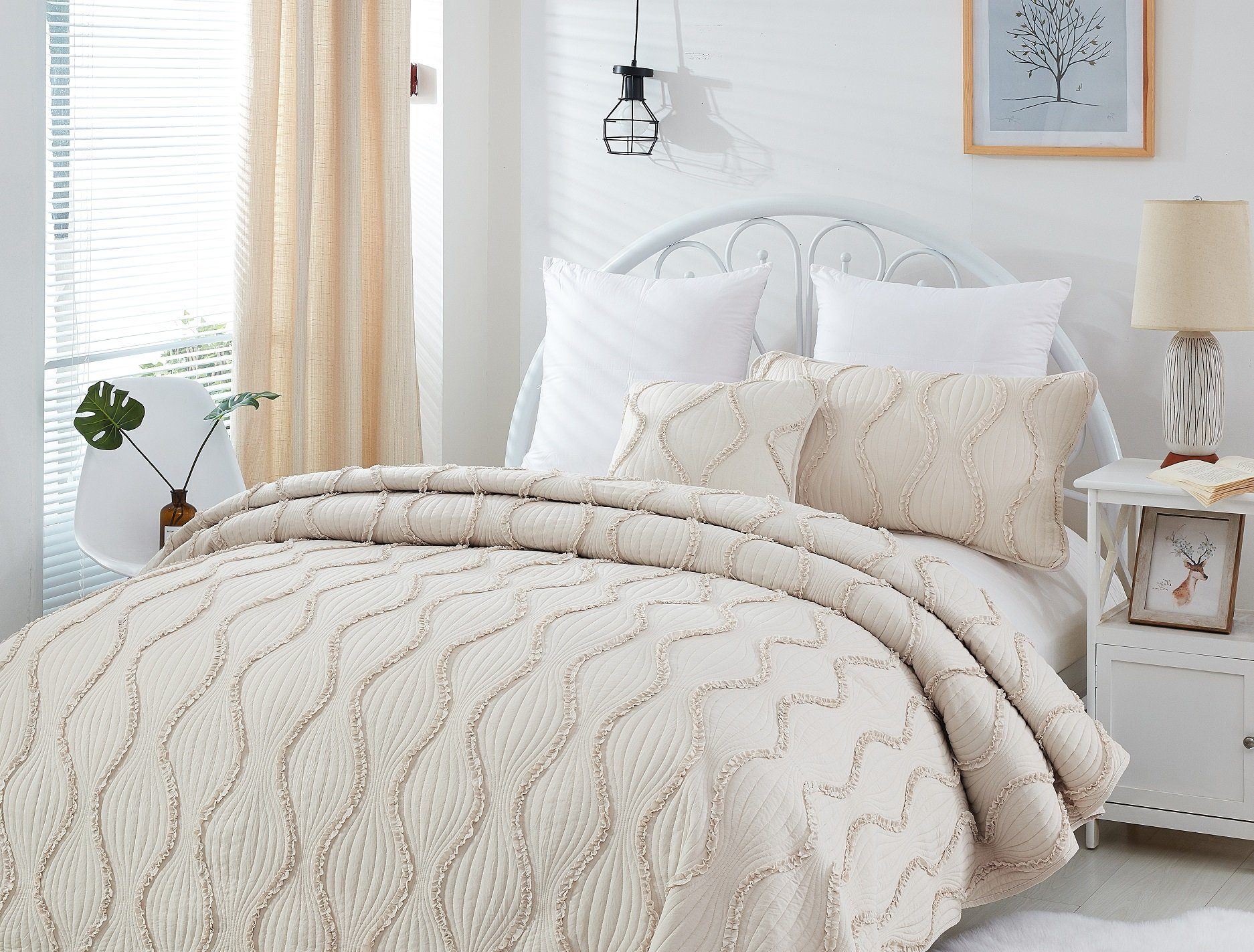 DaDa Bedding Soft Charming French Country Ruffles Quilted Cotton Bedspread Set - Ivory Cream Tan (JHW873) - DaDa Bedding Collection