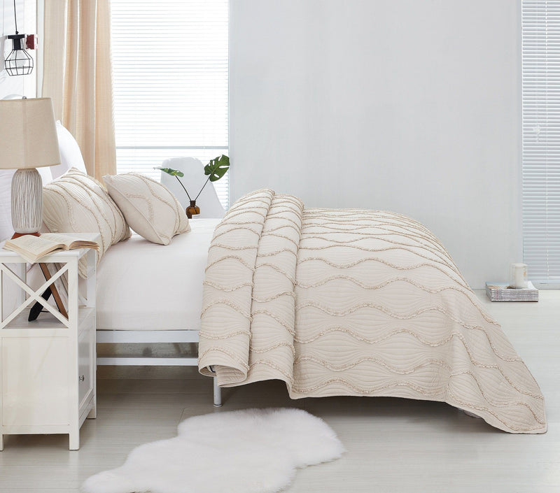 DaDa Bedding Soft Charming French Country Ruffles Quilted Cotton Bedspread Set - Ivory Cream Tan (JHW873) - DaDa Bedding Collection
