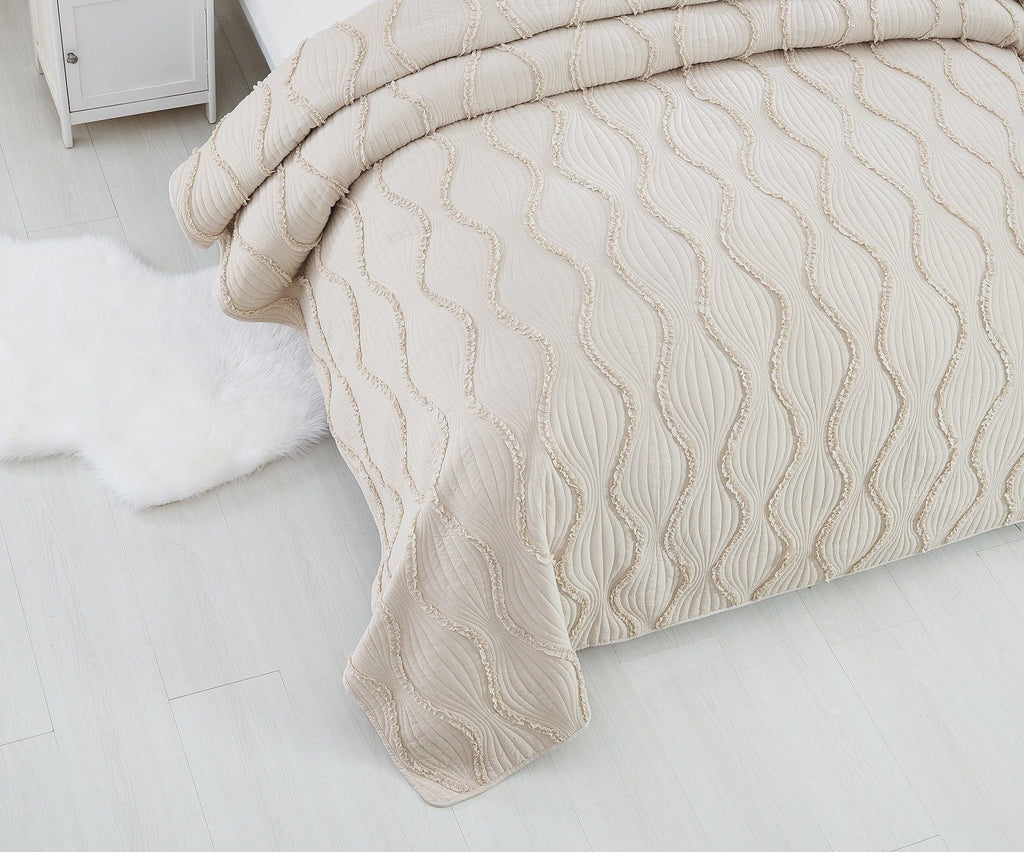 DaDa Bedding Soft Charming French Country Ruffles Quilted Cotton Bedspread Set - Ivory Cream Tan (JHW873) - DaDa Bedding Collection