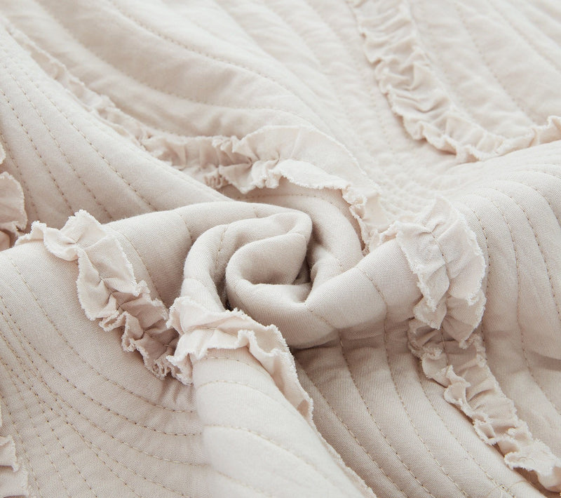 DaDa Bedding Soft Charming French Country Ruffles Quilted Cotton Bedspread Set - Ivory Cream Tan (JHW873) - DaDa Bedding Collection