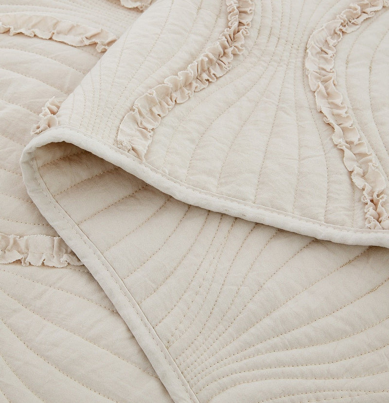 DaDa Bedding Soft Charming French Country Ruffles Quilted Cotton Bedspread Set - Ivory Cream Tan (JHW873) - DaDa Bedding Collection