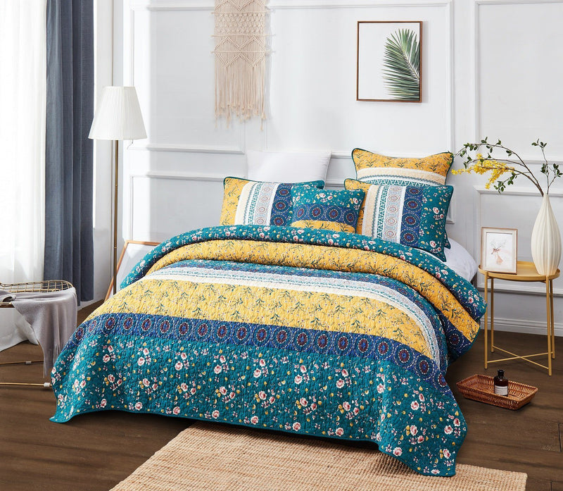 DaDa Bedding Bohemian Patchwork Bed of Wild Flowers Floral Gardenia Green Bedspread Set (JHW-886) - DaDa Bedding Collection