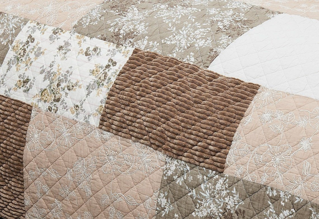 DaDa Bedding Dusty Rose Taupe Beige Brown Floral Cottage Patchwork Quilted Bedspread Set (JHW-866) - DaDa Bedding Collection