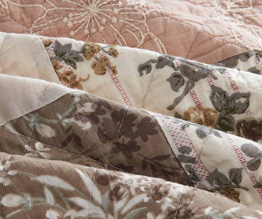 Bedspread - DaDa Bedding Bohemian Patchwork Dusty Tea Rose Mauve Pink & Brown Floral Quilted Bedspread Set (JHW) - DaDa Bedding Collection