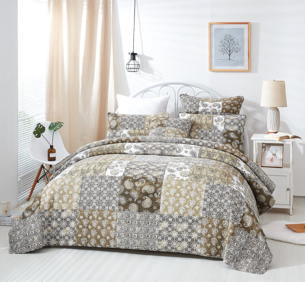 DaDa Bedding Bohemian Olive Brown Moroccan Paisley Floral Filigree Patchwork Cotton Bedspread Set (JHW-885) - DaDa Bedding Collection