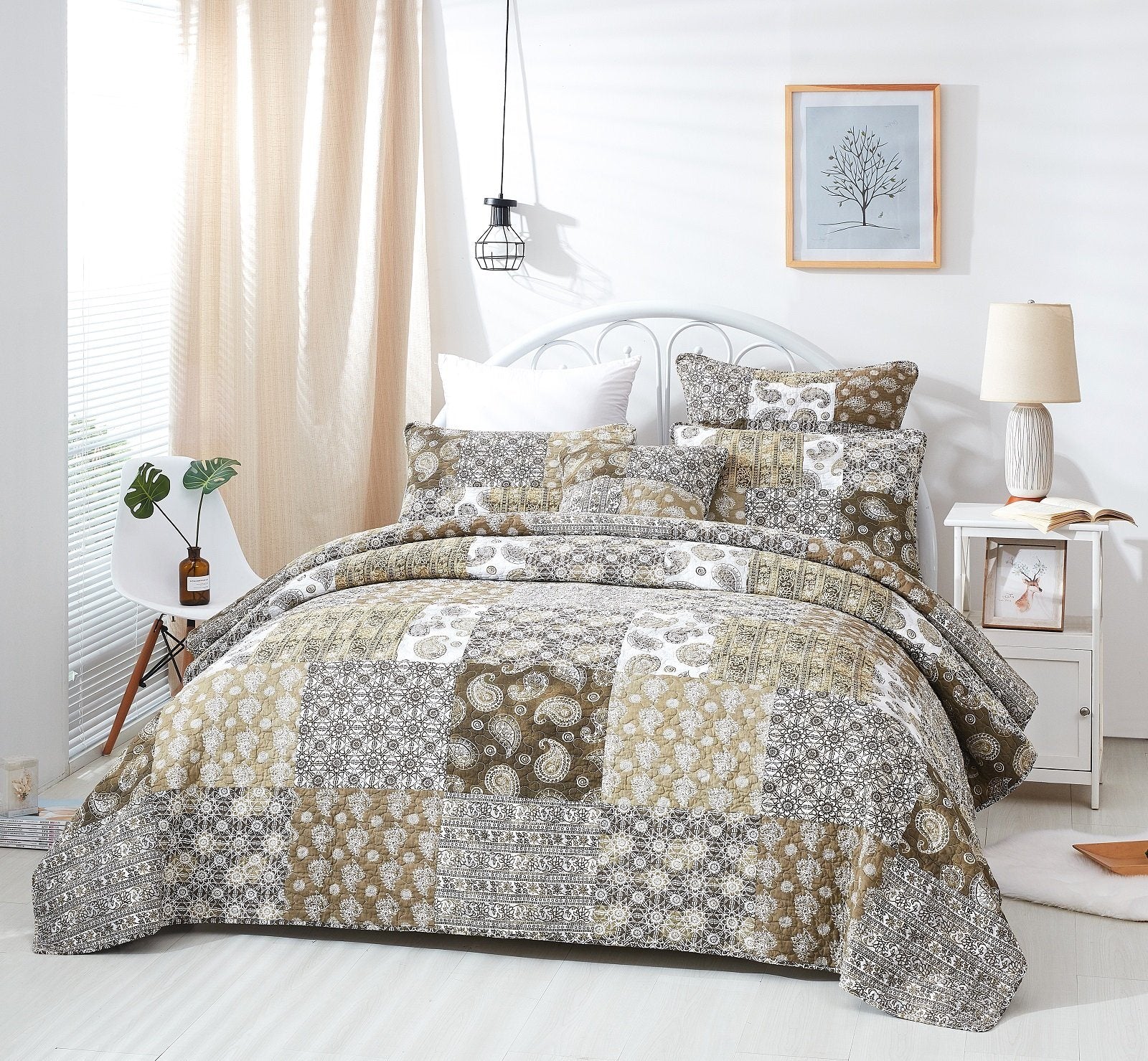 DaDa Bedding Bohemian Olive Brown Moroccan Paisley Floral Filigree Patchwork Cotton Bedspread Set (JHW-885) - DaDa Bedding Collection