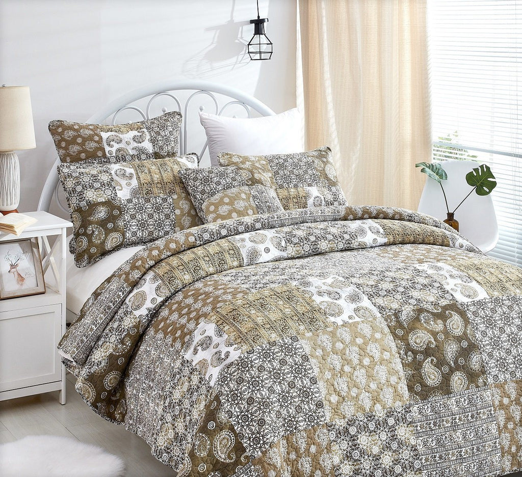 DaDa Bedding Bohemian Olive Brown Moroccan Paisley Floral Filigree Patchwork Cotton Bedspread Set (JHW-885) - DaDa Bedding Collection