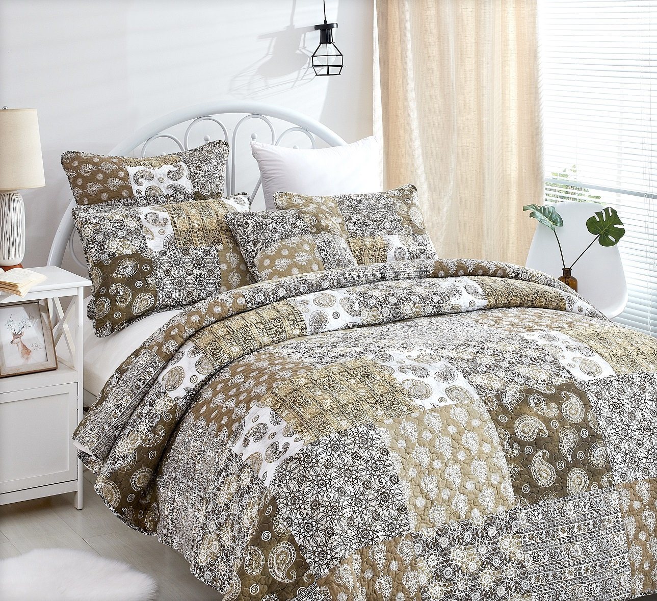 DaDa Bedding Bohemian Olive Brown Moroccan Paisley Floral Filigree Patchwork Cotton Bedspread Set (JHW-885) - DaDa Bedding Collection