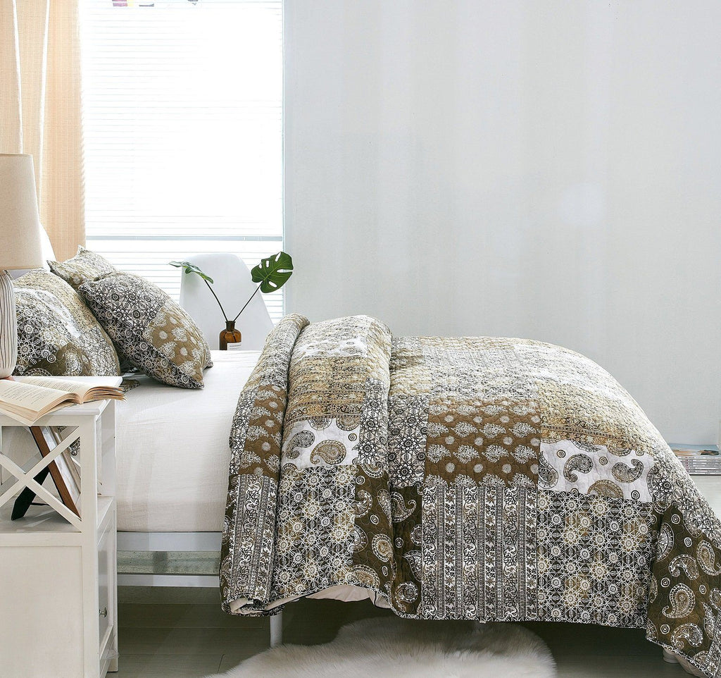 DaDa Bedding Bohemian Olive Brown Moroccan Paisley Floral Filigree Patchwork Cotton Bedspread Set (JHW-885) - DaDa Bedding Collection