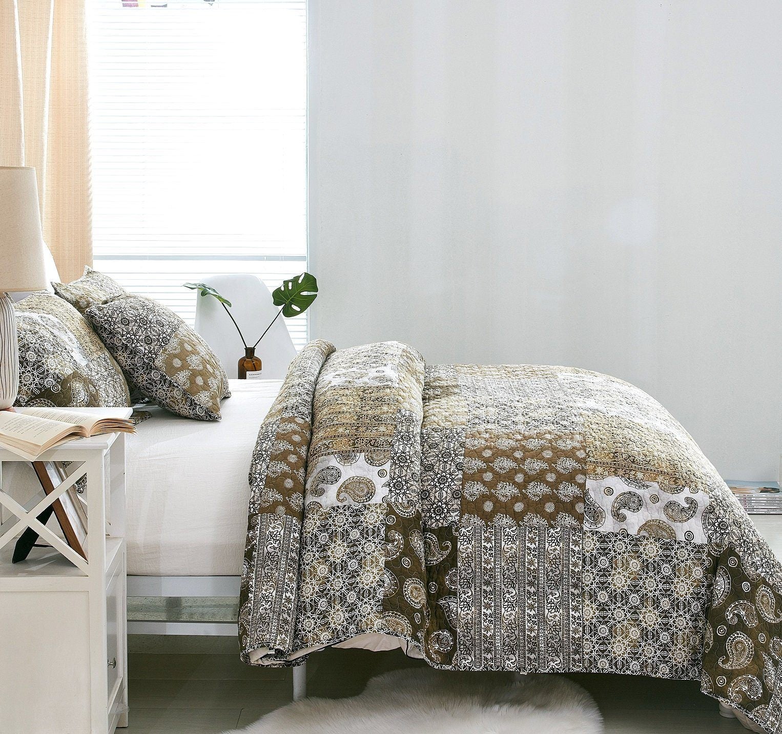 DaDa Bedding Bohemian Olive Brown Moroccan Paisley Floral Filigree Patchwork Cotton Bedspread Set (JHW-885) - DaDa Bedding Collection