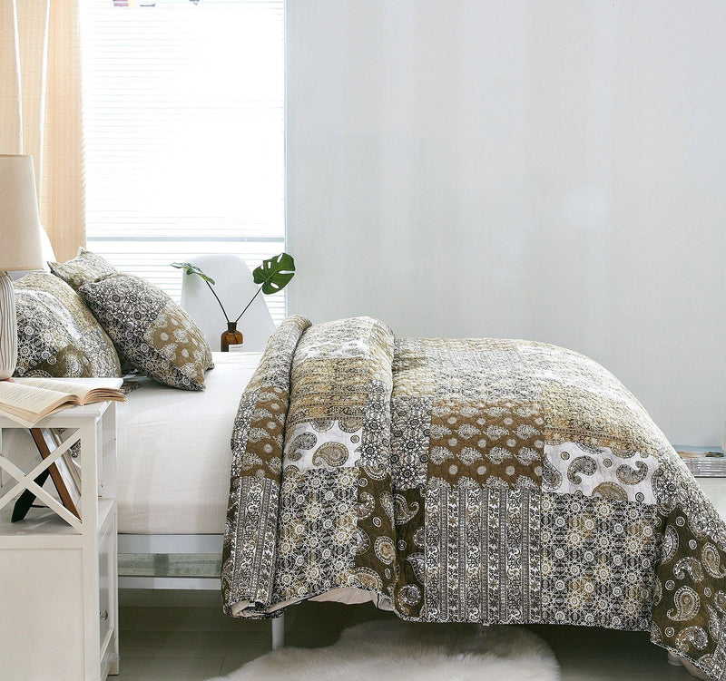 DaDa Bedding Bohemian Olive Brown Moroccan Paisley Floral Filigree Patchwork Cotton Bedspread Set (JHW-885) - DaDa Bedding Collection