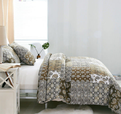 DaDa Bedding Bohemian Olive Brown Moroccan Paisley Floral Filigree Patchwork Cotton Bedspread Set (JHW-885) - DaDa Bedding Collection