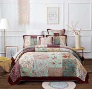 DaDa Bedding Bohemian Burgundy Red Velvet Trim Floral Paisley Patchwork Cotton Bedspread Set (JHW-868) - DaDa Bedding Collection