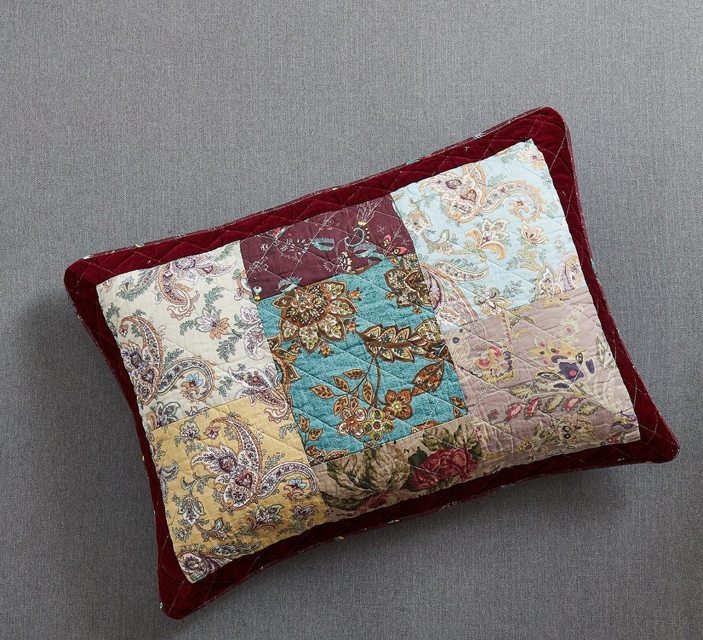 DaDa Bedding Bohemian Burgundy Red Velvet Trim Floral Paisley Patchwork Cotton Bedspread Set (JHW-868) - DaDa Bedding Collection