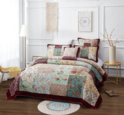 DaDa Bedding Bohemian Burgundy Red Velvet Trim Floral Paisley Patchwork Cotton Bedspread Set (JHW-868) - DaDa Bedding Collection