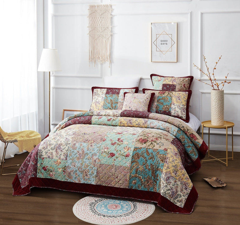 DaDa Bedding Bohemian Burgundy Red Velvet Trim Floral Paisley Patchwork Cotton Bedspread Set (JHW-868) - DaDa Bedding Collection