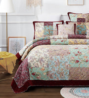 DaDa Bedding Bohemian Burgundy Red Velvet Trim Floral Paisley Patchwork Cotton Bedspread Set (JHW-868) - DaDa Bedding Collection