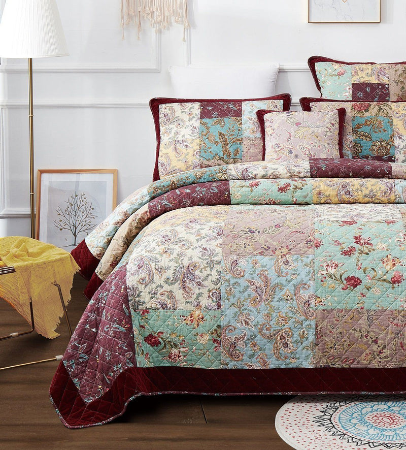 DaDa Bedding Bohemian Burgundy Red Velvet Trim Floral Paisley Patchwork Cotton Bedspread Set (JHW-868) - DaDa Bedding Collection