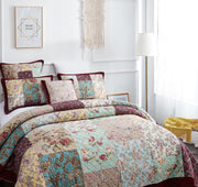 DaDa Bedding Bohemian Burgundy Red Velvet Trim Floral Paisley Patchwork Cotton Bedspread Set (JHW-868) - DaDa Bedding Collection