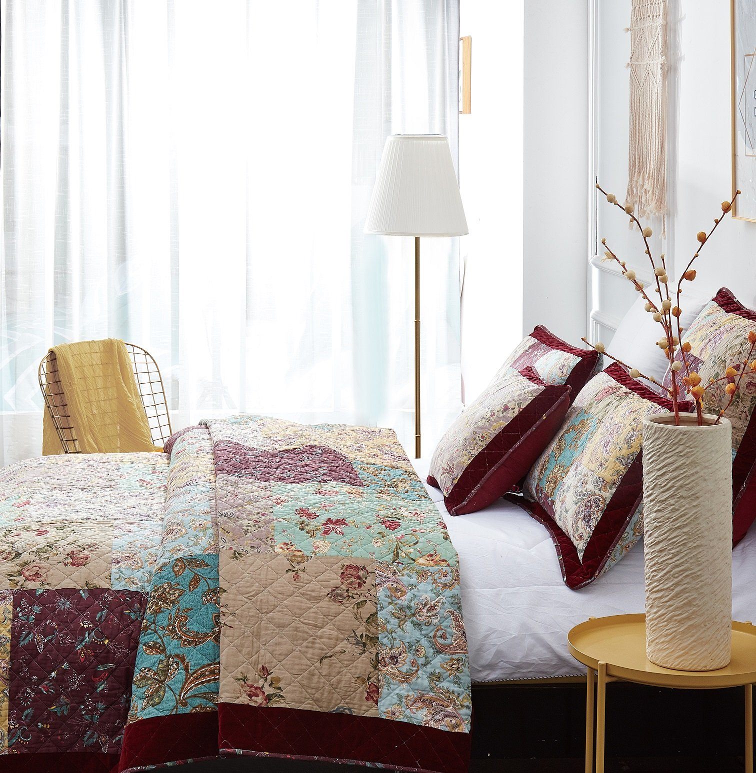 DaDa Bedding Bohemian Burgundy Red Velvet Trim Floral Paisley Patchwork Cotton Bedspread Set (JHW-868) - DaDa Bedding Collection