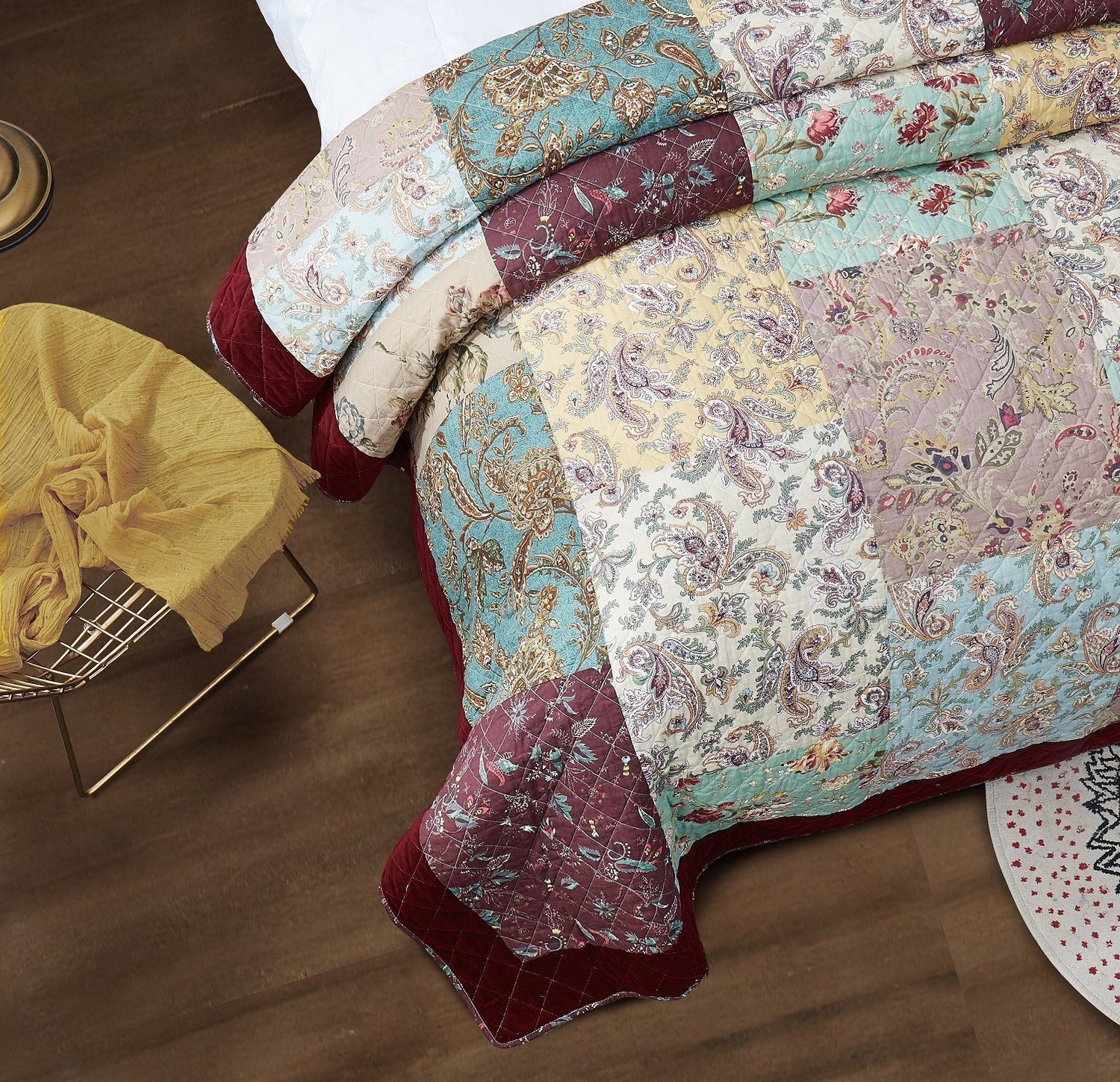DaDa Bedding Patchwork Burgundy Red Velvet Floral Euro Pillow Cover, 26