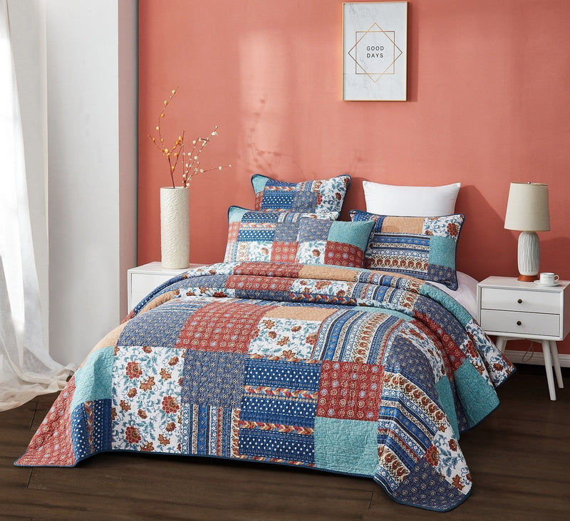 DaDa Bedding Bohemian Vibes Mediterranean Blue Floral Patchwork Quilted Bedspread Set  (JHW878) - DaDa Bedding Collection