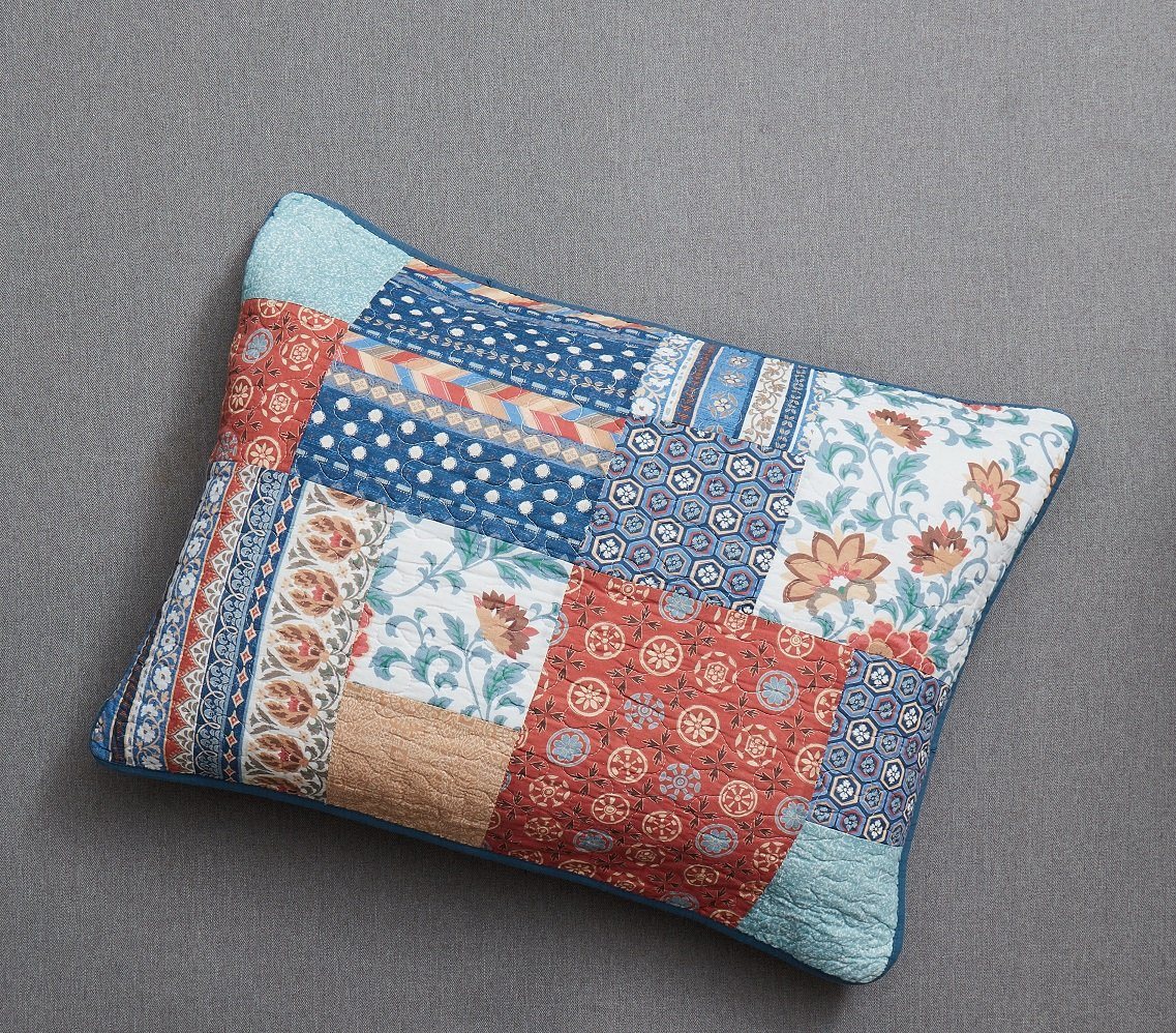 DaDa Bedding Bohemian Vibes Mediterranean Blue Floral Patchwork Quilted Bedspread Set  (JHW878) - DaDa Bedding Collection