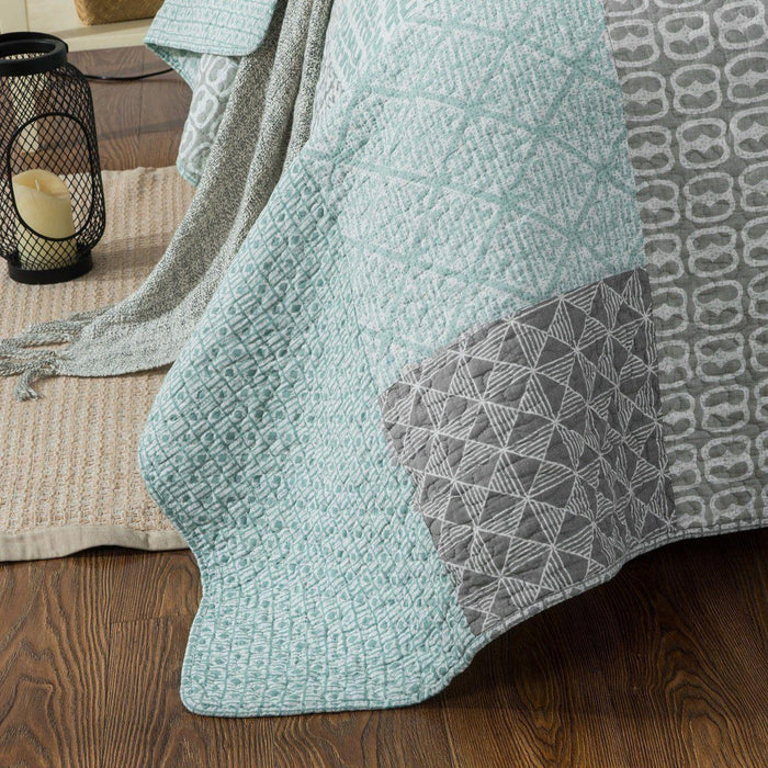 DaDa Bedding Contemporary Mint Green Grey Geometric Cotton Quilted Bedspread Set (JHW-804) - DaDa Bedding Collection