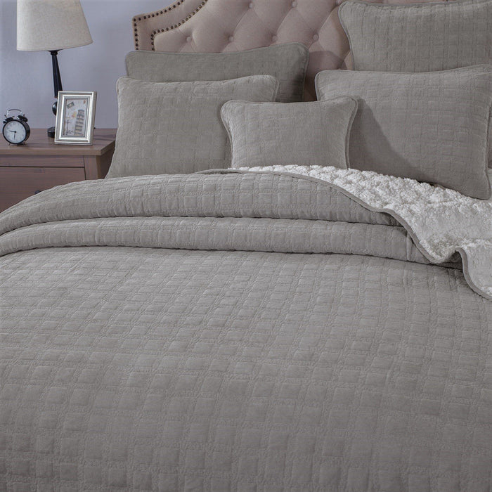 Bedspread - DaDa Bedding Corduroy Sherpa Backside Soft Grey Square Pattern Quilted Bedspread Set (JHW858) - DaDa Bedding Collection
