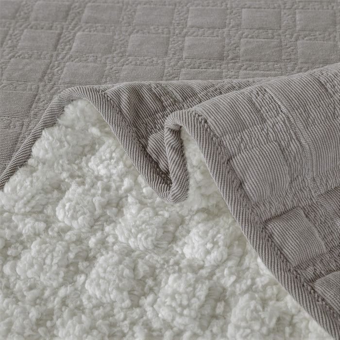 DaDa Bedding Corduroy Sherpa Backside Soft Grey Square Quilted Bedspread Set (JHW858) - DaDa Bedding Collection