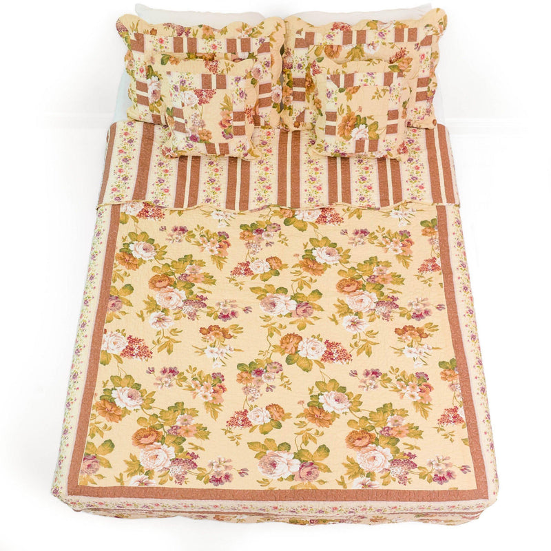 DaDa Bedding Vintage Cottage Rose Garden Floral Ivory Yellow Cotton Scalloped Quilted Bedspread Set (DXJ103478) - DaDa Bedding Collection