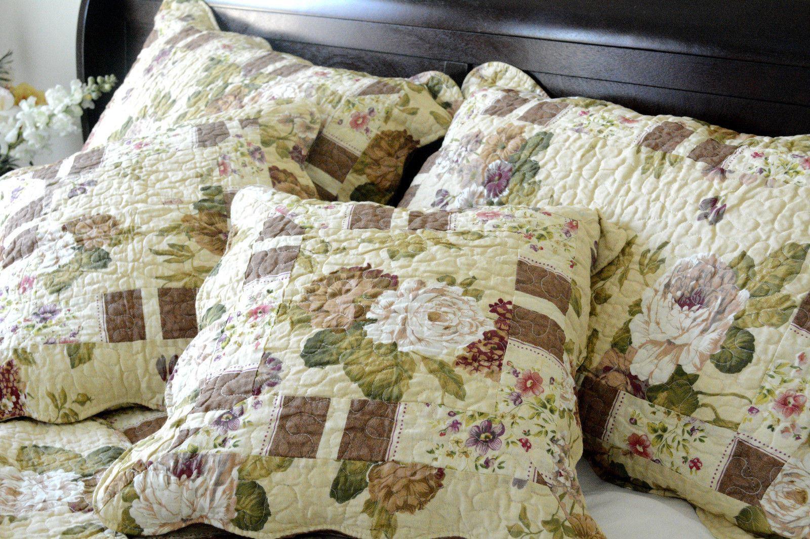 DaDa Bedding Vintage Cottage Rose Garden Floral Ivory Yellow Cotton Scalloped Quilted Bedspread Set (DXJ103478) - DaDa Bedding Collection