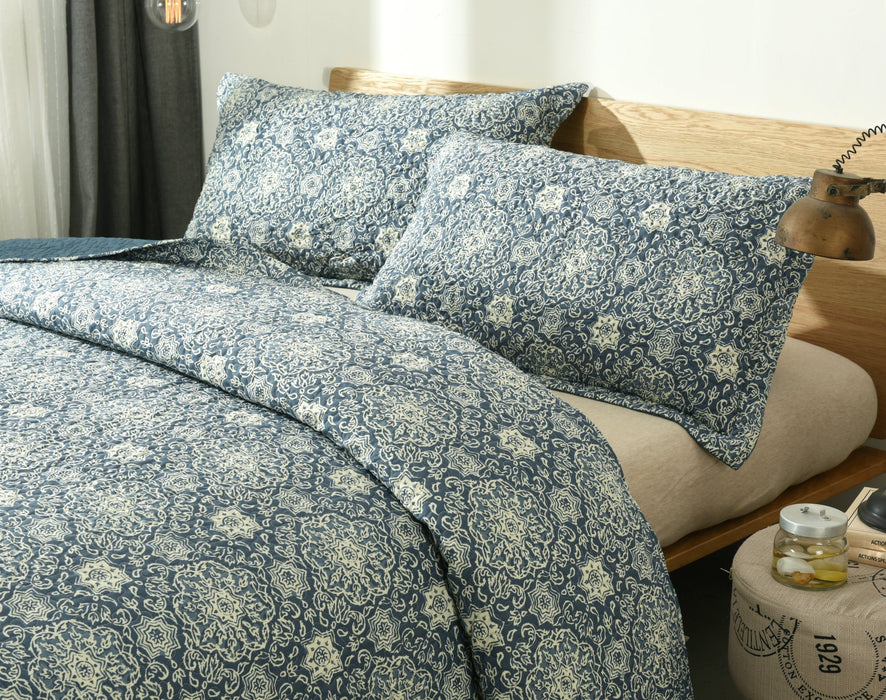 DaDa Bedding Bohemian Navy Blue Floral Medallion Quilted Bedspread Set (14932-3) - DaDa Bedding Collection