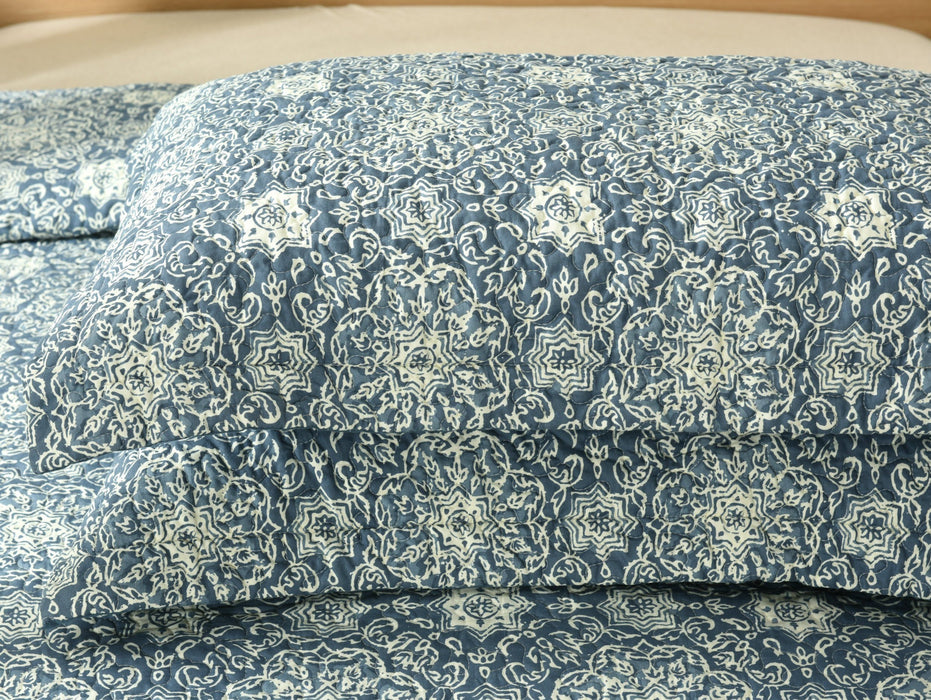 DaDa Bedding Bohemian Navy Blue Floral Medallion Quilted Bedspread Set (14932-3) - DaDa Bedding Collection