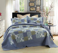 DaDa Bedding Cottage Blueberry Patch Floral Periwinkle Checkered Gingham Quilted Bedspread Set - Twin Size (LH1340) - DaDa Bedding Collection
