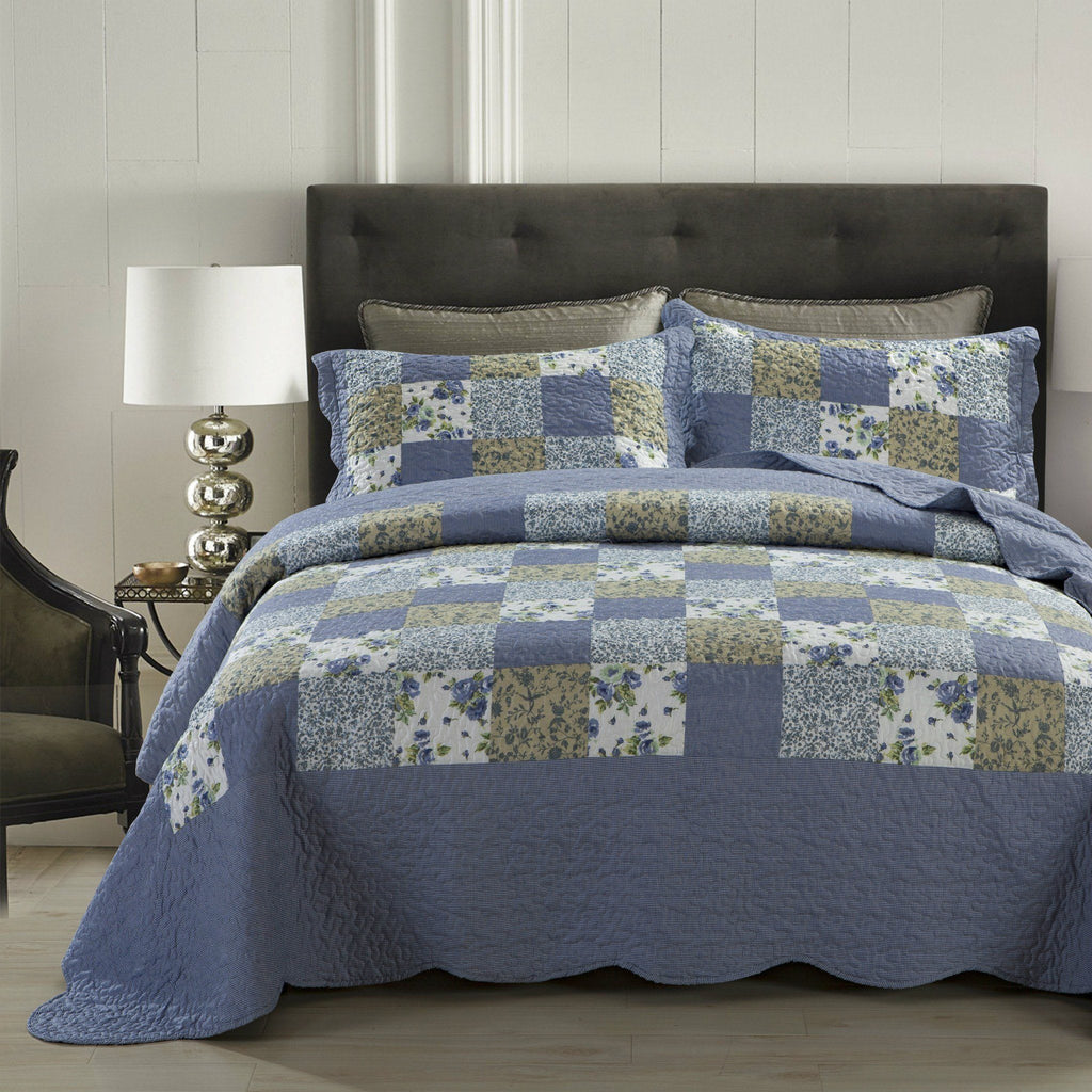 DaDa Bedding Cottage Blueberry Patch Floral Periwinkle Checkered Gingham Quilted Bedspread Set - Twin Size (LH1340) - DaDa Bedding Collection