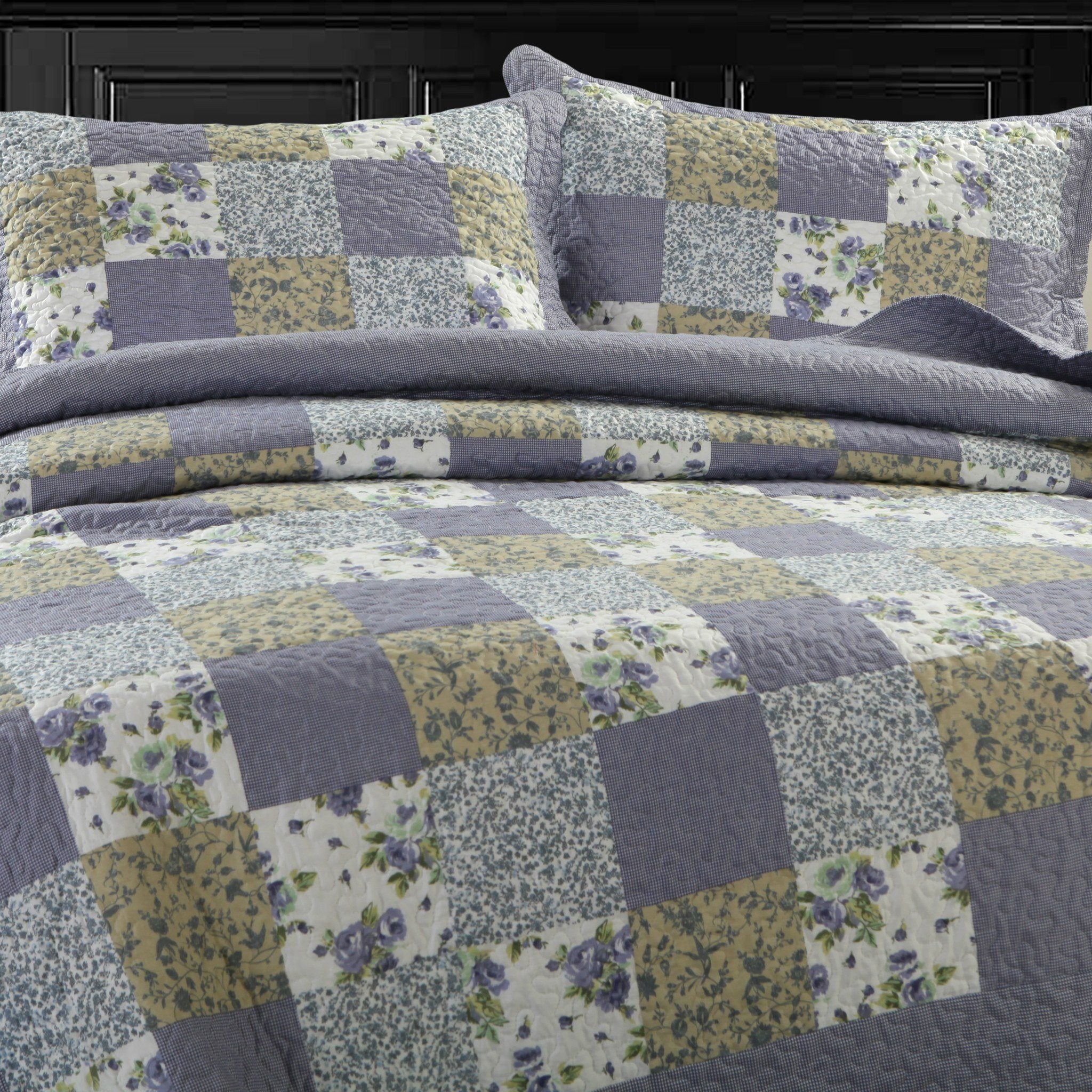 DaDa Bedding Cottage Blueberry Patch Floral Periwinkle Checkered Gingham Quilted Bedspread Set - Twin Size (LH1340) - DaDa Bedding Collection