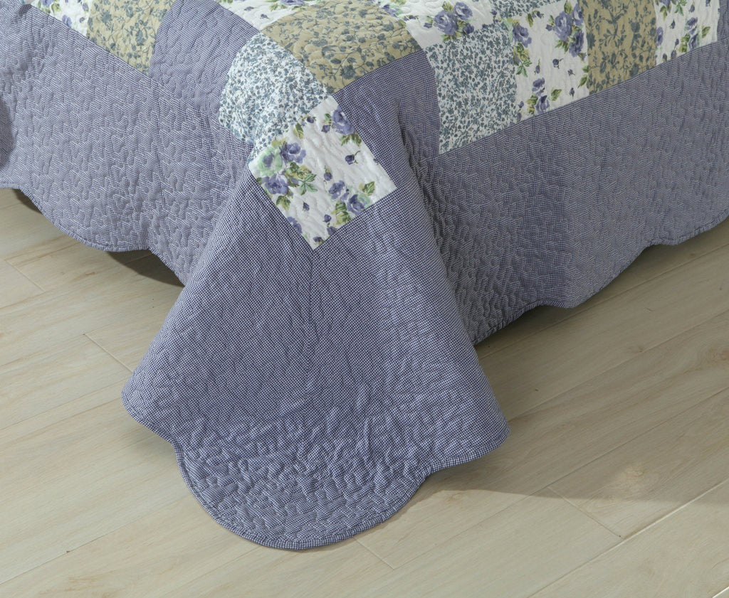 DaDa Bedding Cottage Blueberry Patch Floral Periwinkle Checkered Gingham Quilted Bedspread Set - Twin Size (LH1340) - DaDa Bedding Collection
