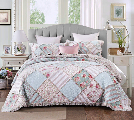 Bedspread - DaDa Bedding Hint of Mint Floral Pastel Cotton Patchwork Ruffle Bedspread Set (JHW-3036) - DaDa Bedding Collection