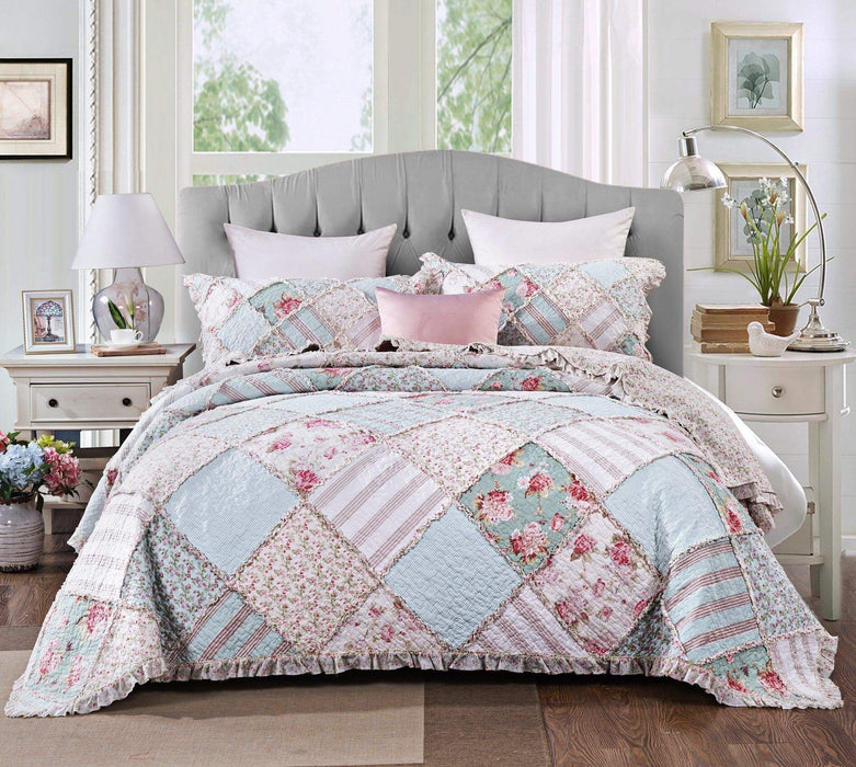 DaDa Bedding Hint of Mint Floral Pastel Cotton Patchwork Ruffle Bedspr —  DaDalogy Bedding Collection