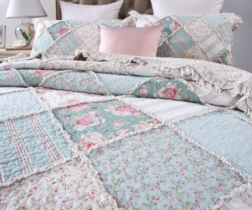 Bedspread - DaDa Bedding Hint of Mint Floral Pastel Cotton Patchwork Ruffle Bedspread Set (JHW-3036) - DaDa Bedding Collection