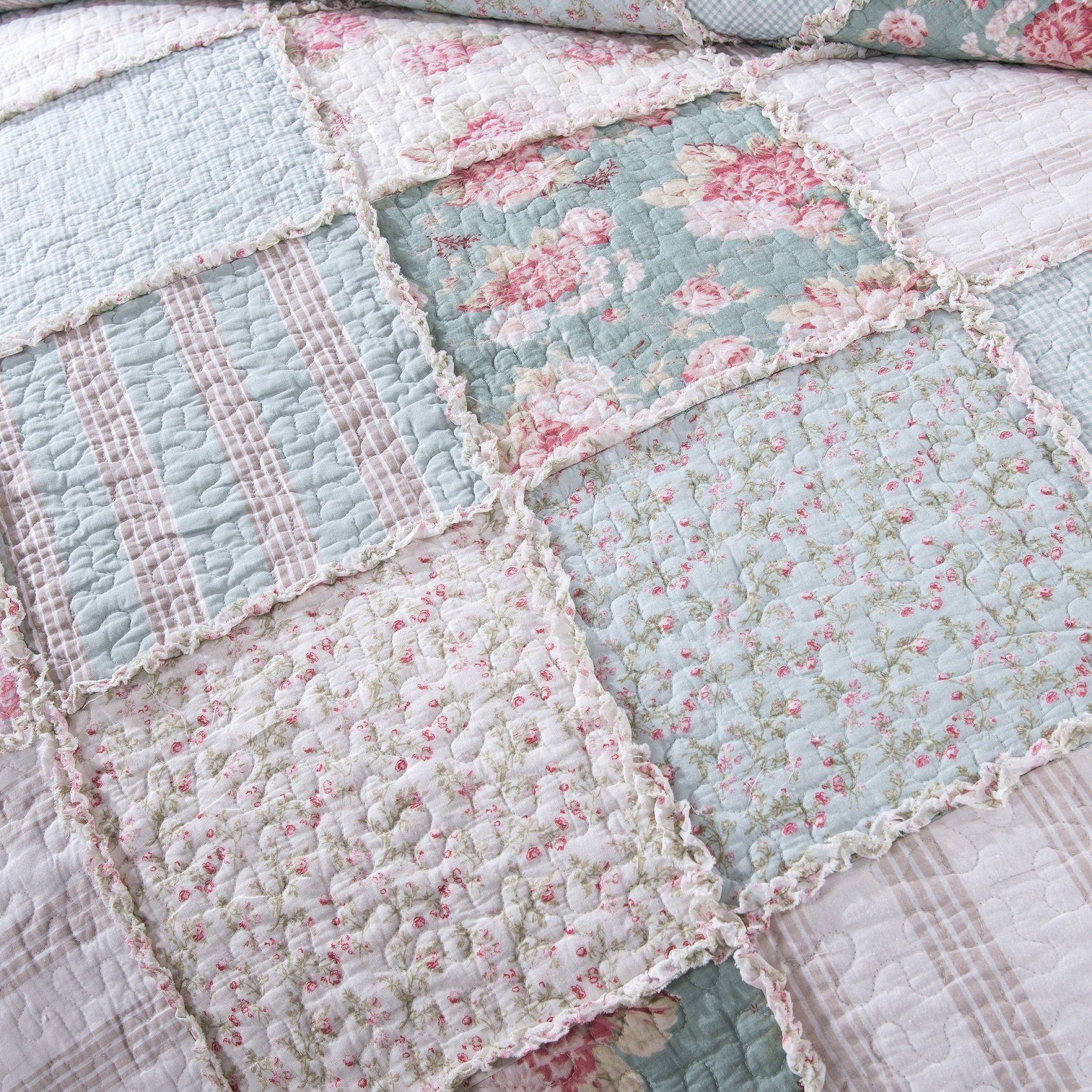DaDa Bedding Hint of Mint Floral Pastel Cotton Patchwork Ruffle Bedspread Set (JHW-3036) - DaDa Bedding Collection