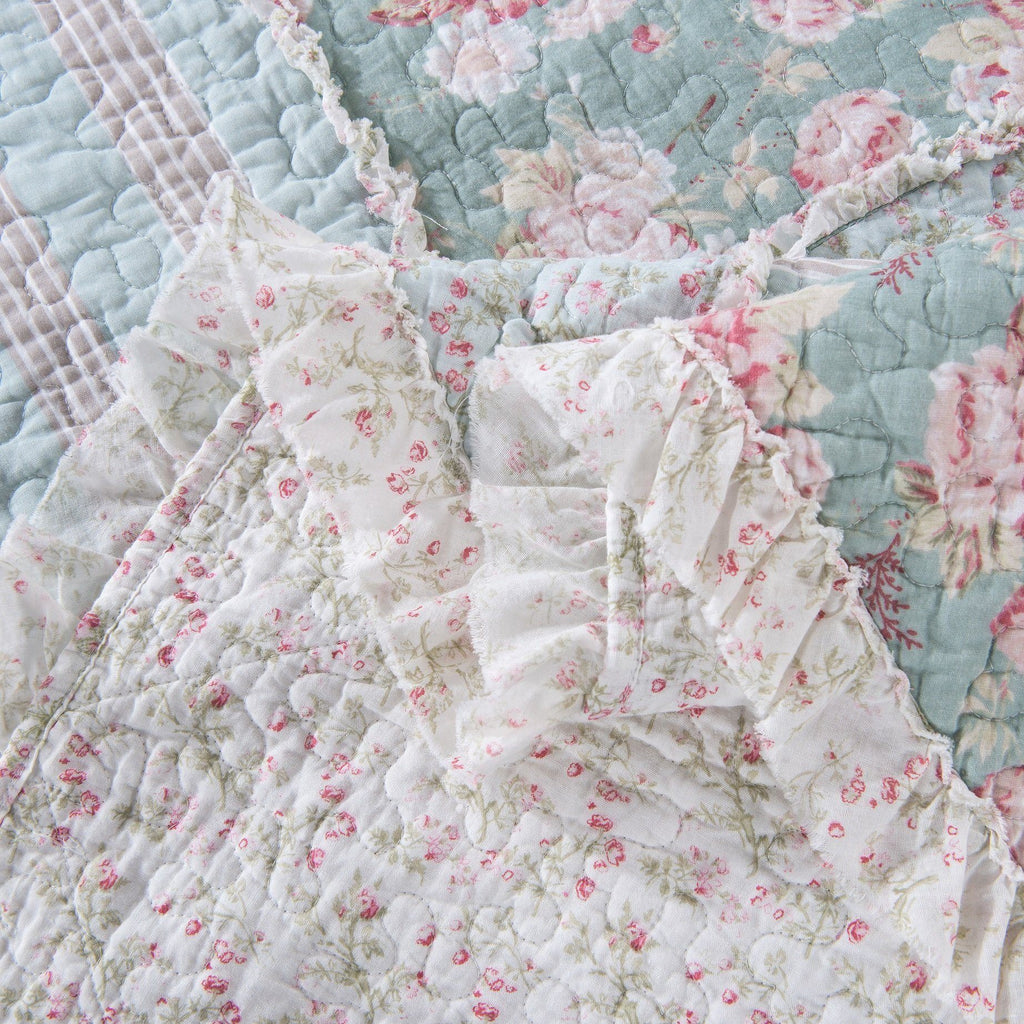 DaDa Bedding Hint of Mint Floral Pastel Cotton Patchwork Ruffle Bedspread Set (JHW-3036) - DaDa Bedding Collection