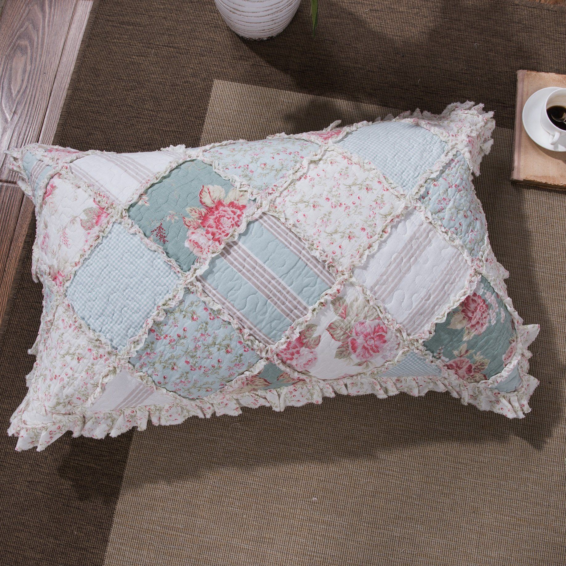 DaDa Bedding Hint of Mint Floral Pastel Cotton Patchwork Ruffle Bedspread Set (JHW-3036) - DaDa Bedding Collection