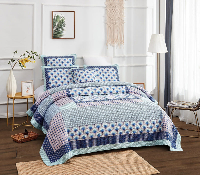DaDa Bedding Mediterranean Blue Mint Green Patchwork Quilted Bedspread Set (JHW-884) - DaDa Bedding Collection