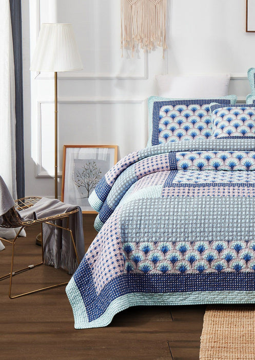 Bedspread - DaDa Bedding Mediterranean Patchwork Breezy Ocean Waves Blue Quilted Bedspread Set (JHW-884) - DaDa Bedding Collection