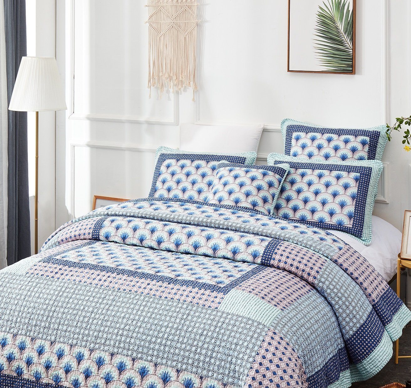 DaDa Bedding Mediterranean Blue Mint Green Patchwork Quilted Bedspread Set (JHW-884) - DaDa Bedding Collection