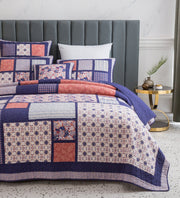 DaDa Bedding Peachy Pink Floral Blossoms Plum Purple Patchwork Quilted Bedspread Set - Designed in USA (JHW877) - DaDa Bedding Collection