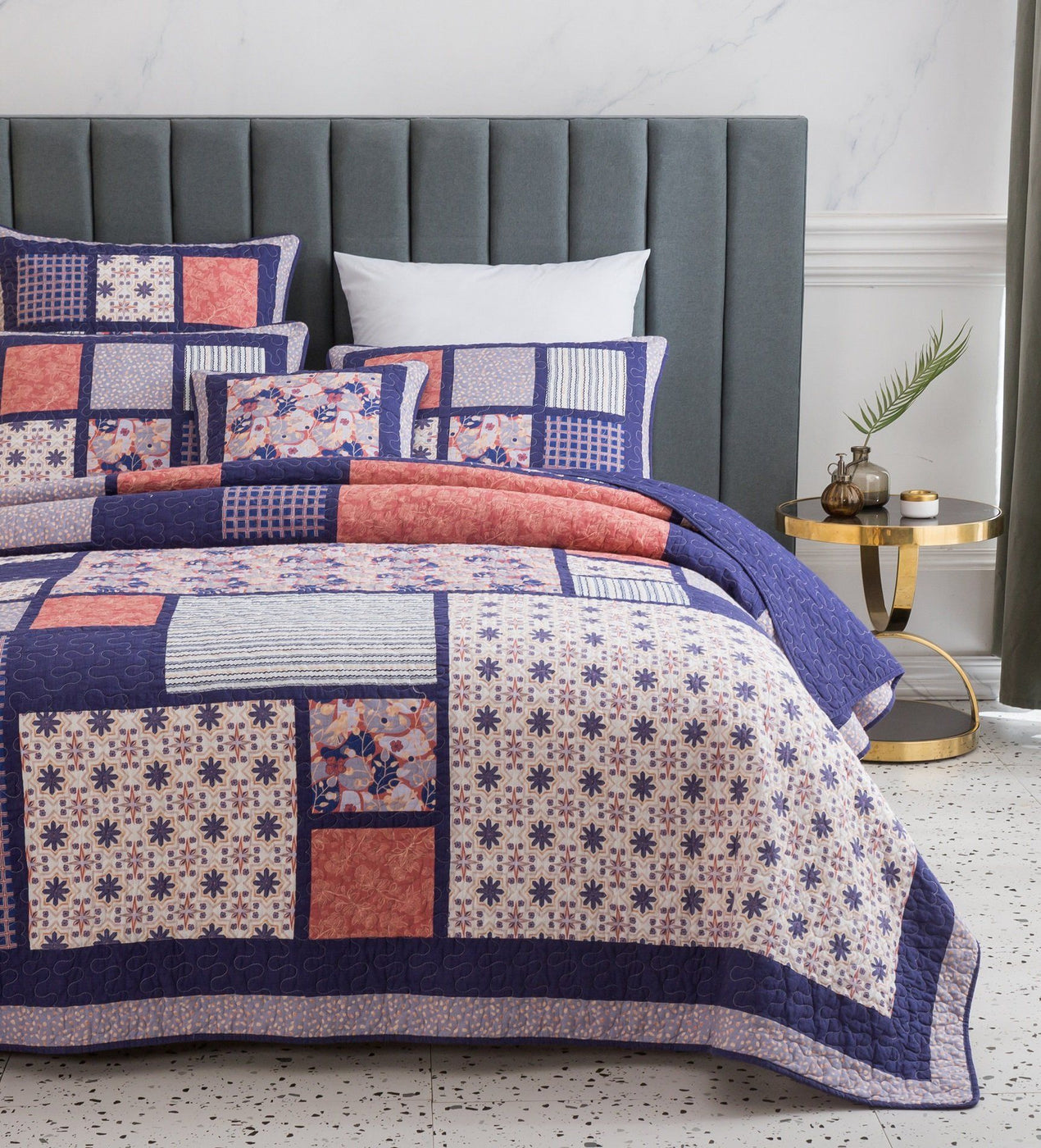 DaDa Bedding Peachy Pink Floral Blossoms Plum Purple Patchwork Quilted